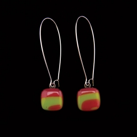 Glass Square Hanging Earrings - Burgundy and Lime