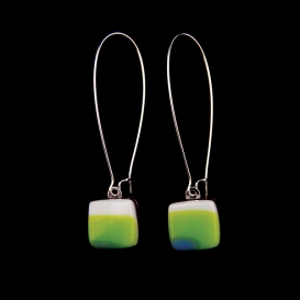 Glass Square Hanging Earrings - Lime and Turquoise