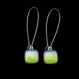 Glass Square Hanging Earrings - Teal and Lime