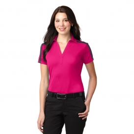 Port Authority L547 Ladies Silk Touch Performance Colorblock Stripe Polo - Pink Raspberry/Steel Grey
