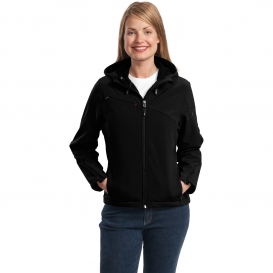 Port Authority L706 Ladies Textured Hooded Soft Shell Jacket - Black/Engine Red