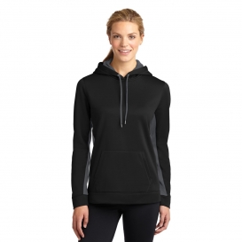 Sport-Tek LST235 Ladies Sport-Wick Fleece Colorblock Hooded Pullover - Black/Dark Smoke Grey