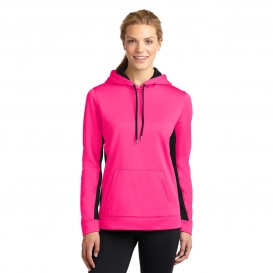 Sport-Tek LST235 Ladies Sport-Wick Fleece Colorblock Hooded Pullover - Neon Pink/Black