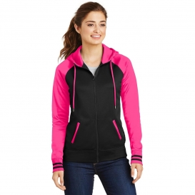 Sport-Tek LST236 Ladies Sport-Wick Varsity Fleece Full-Zip Hooded Jacket - Black/Neon Pink