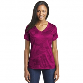 Sport-Tek LST370 Ladies CamoHex V-Neck Tee - Pink Raspberry