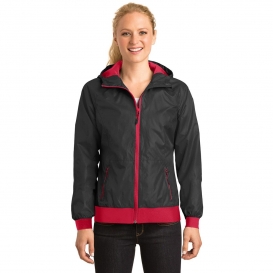 Sport-Tek LST53 Ladies Embossed Hooded Wind Jacket - Black/True Red