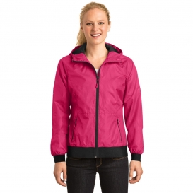 Sport-Tek LST53 Ladies Embossed Hooded Wind Jacket - Pink Raspberry/Black