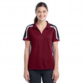 Sport-Tek LST658 Ladies Tricolor Shoulder Micropique Sport-Wick Polo Shirt - Maroon/Black/White