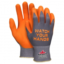 MCR Safety 96790HVI Nitrile Coated Gloves - 15 Gauge Nylon Shell - Orange Watch Your Hands Logo