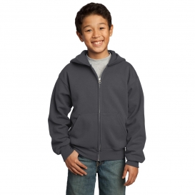 Port & Company PC90YZH Youth Core Fleece Full-Zip Hooded Sweatshirt - Charcoal
