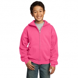Port & Company PC90YZH Youth Core Fleece Full-Zip Hooded Sweatshirt - Neon Pink