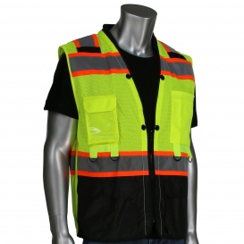 PIP 302-0670T Type R Class 2 Black Bottom Front Ripstop Tethering Safety Vest - Yellow/Lime