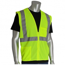 PIP 302-0702Z Economy Type R Class 2 Mesh Safety Vest with Two Pockets & Zipper - Yellow/Lime