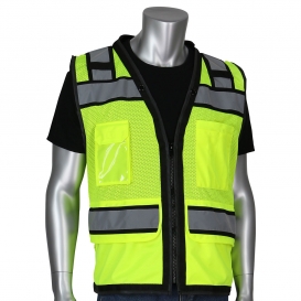 PIP 302-0800D Type R Class 2 Black Two-Tone Mesh D-Ring Surveyor Safety Vest - Yellow/Lime