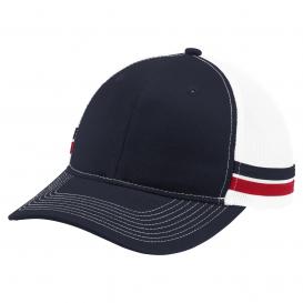 Port Authority C113 Two-Stripe Snapback Trucker Cap - Rich Navy/Flame Red/White