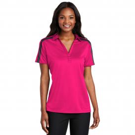 Port Authority L547 Ladies Silk Touch Performance Colorblock Stripe Polo - Pink Raspberry/Steel Grey
