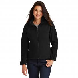 Port Authority L706 Ladies Textured Hooded Soft Shell Jacket - Black/Engine Red