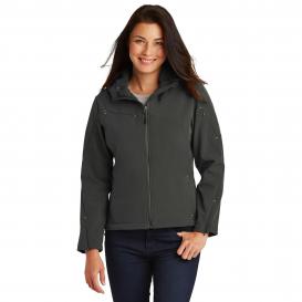 Port Authority L706 Ladies Textured Hooded Soft Shell Jacket - Charcoal/Lemon Yellow