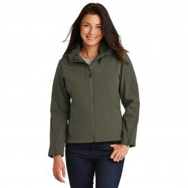Port Authority L706 Ladies Textured Hooded Soft Shell Jacket - Mineral Green/Soft Orange