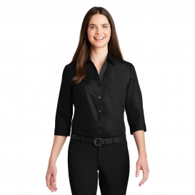 Port Authority LW102 Ladies 3/4-Sleeve Carefree Poplin Shirt - Deep Black