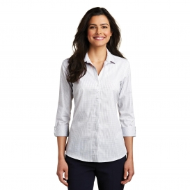 Port Authority LW643 Ladies 3/4-Sleeve Micro Tattersall Easy Care Shirt- White/Dark Grey