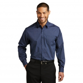 Port Authority W643 Micro Tattersall Easy Care Shirt- Navy/Heritage Blue