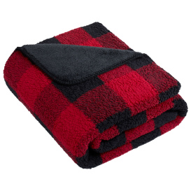 Port Authority BP48 Double-Sided Sherpa/Plush Blanket - Black/Red Buffalo Plaid