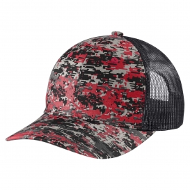 Port Authority C114 Digi Camo Snapback Trucker Cap - Flame Red Digi/Grey Steel