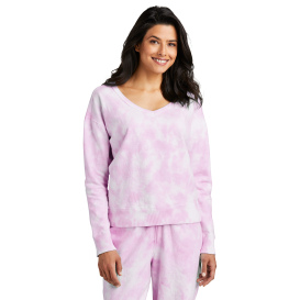 Port & Company LPC140V Ladies Beach Wash Cloud Tie-Dye V-Neck Sweatshirt - Cerise Pink