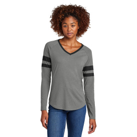 Sport-Tek LST6043 Ladies Halftime Stripe Long Sleeve V-Neck Tee - Black/Vintage Heather