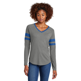 Sport-Tek LST6043 Ladies Halftime Stripe Long Sleeve V-Neck Tee - True Royal/Vintage Heather