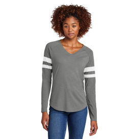 Sport-Tek LST6043 Ladies Halftime Stripe Long Sleeve V-Neck Tee - White/Vintage Heather