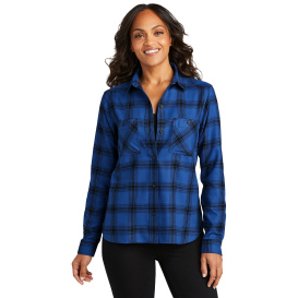 Port Authority LW669 Ladies Plaid Flannel Shirt - Royal/Black Open Plaid