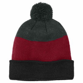 Port Authority C979 Cozy Striped Pom Beanie - Deep Black/Rich Red/Charcoal Heather