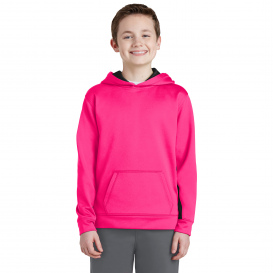 Sport-Tek YST235 Youth Sport-Wick Fleece Colorblock Hooded Pullover - Neon Pink/Black