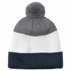 Port Authority C979 Cozy Striped Pom Beanie - River Blue Navy/Marshmallow/Gusty Grey