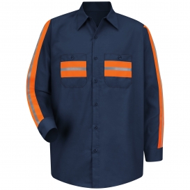 Red Kap SP14ON Enhanced Visibility Long Sleeve Shirt - Navy w/ Orange Trim