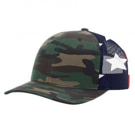 Richardson 112PM Printed Mesh-Back Trucker Cap - Green Camo / Stars & Stripes