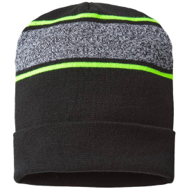 Cap America RKV12 USA-Made Variegated Striped Cuffed Beanie - Black/Neon Yellow