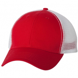 red and white trucker cap