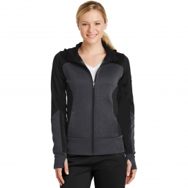 Sport-Tek LST245 Ladies Tech Fleece Colorblock Full-Zip Hooded Jacket - Black/Graphite Heather/Black