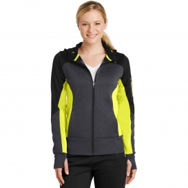 Sport-Tek LST245 Ladies Tech Fleece Colorblock Full-Zip Hooded Jacket - Black/Graphite Heather/Citron