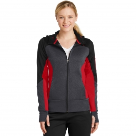 Sport-Tek LST245 Ladies Tech Fleece Colorblock Full-Zip Hooded Jacket - Black/Graphite Heather/True Red