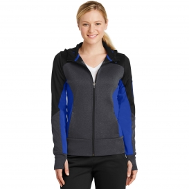 Sport-Tek LST245 Ladies Tech Fleece Colorblock Full-Zip Hooded Jacket - Black/Graphite Heather/True Royal