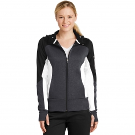 Sport-Tek LST245 Ladies Tech Fleece Colorblock Full-Zip Hooded Jacket - Black/Graphite Heather/White