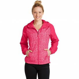 Sport-Tek LST40 Ladies Heather Colorblock Raglan Hooded Wind Jacket - Pink Raspberry Heather/Pink Raspberry