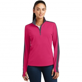 Sport-Tek LST861 Ladies Sport-Wick Textured Colorblock 1/4-Zip Pullover - Pink Raspberry/Iron Grey
