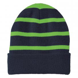 Sport-Tek STC31 Striped Beanie with Solid Band - Team Navy/Flash Green