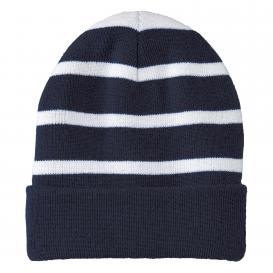 Sport-Tek STC31 Striped Beanie with Solid Band - True Navy/White