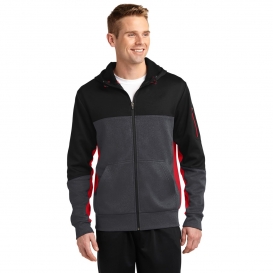 Sport-Tek ST245 Tech Fleece Colorblock Full-Zip Hooded Jacket - Black/Graphite Heather/True Red